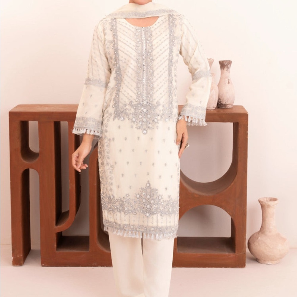 Elegant White and Gray Embroidered Salwar